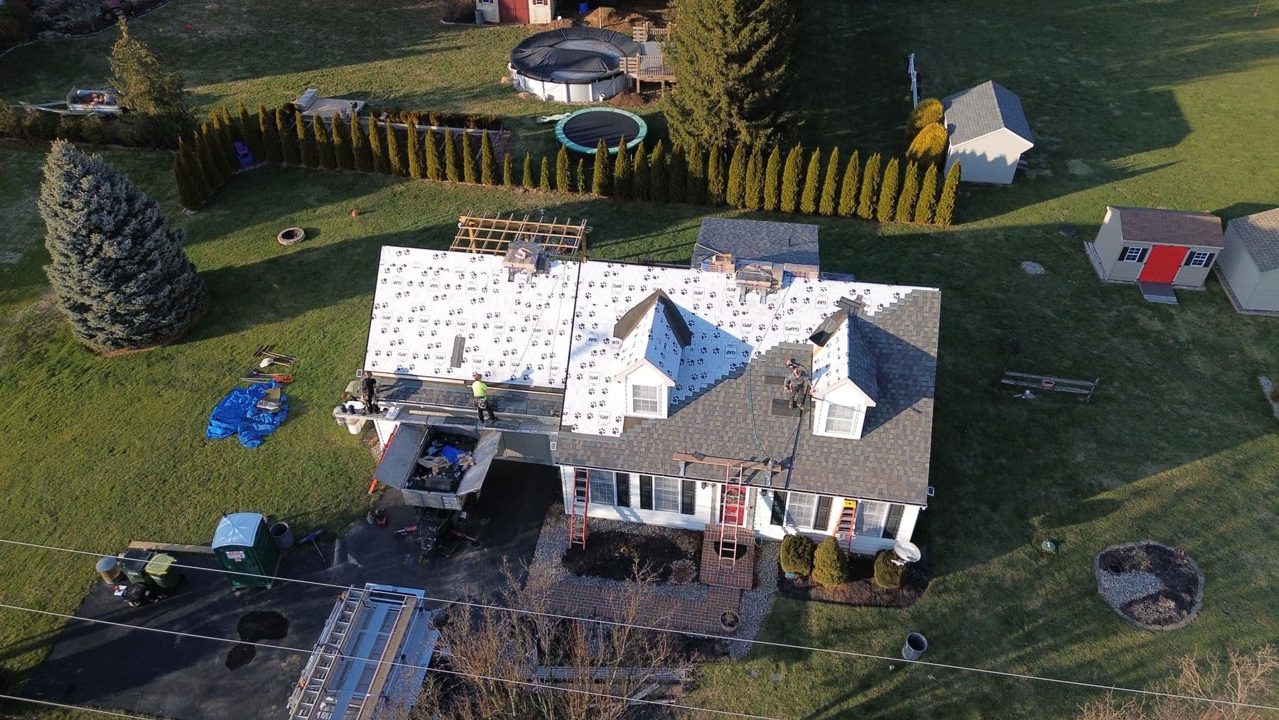 Drone view of the King's crew mid-way through a roof replacement